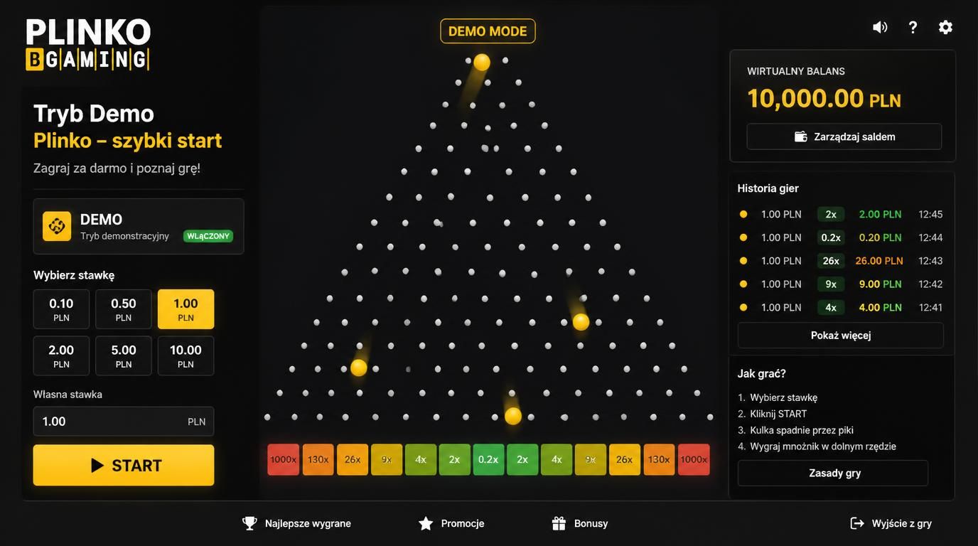 Interfejs gry Plinko demo z wirtualnym kredytem