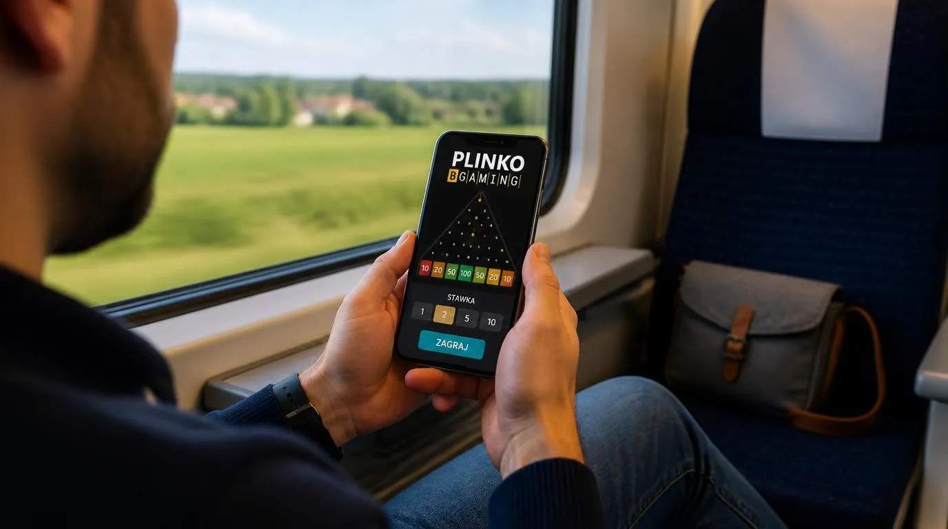 Smartfon z planszą plinko i dużymi przyciskami dotykowymi podczas podróży pociągiem